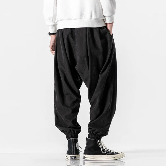 Men's Baggy Harem Trousers with Drawstring Waist and Cuffed Hems