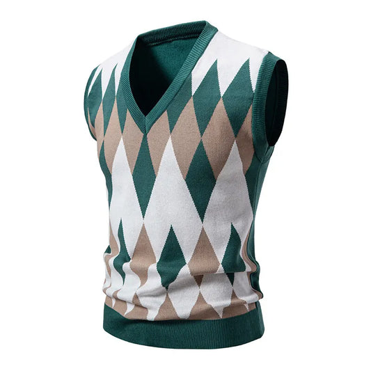 Men's Argyle Knit Sweater Vest with V-Neck Pattern