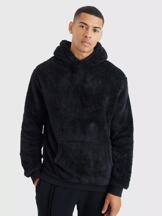 Men's Textured Fleece Hoodie – Long Sleeve Pullover with Kangaroo Pocket and Ribbed Hem