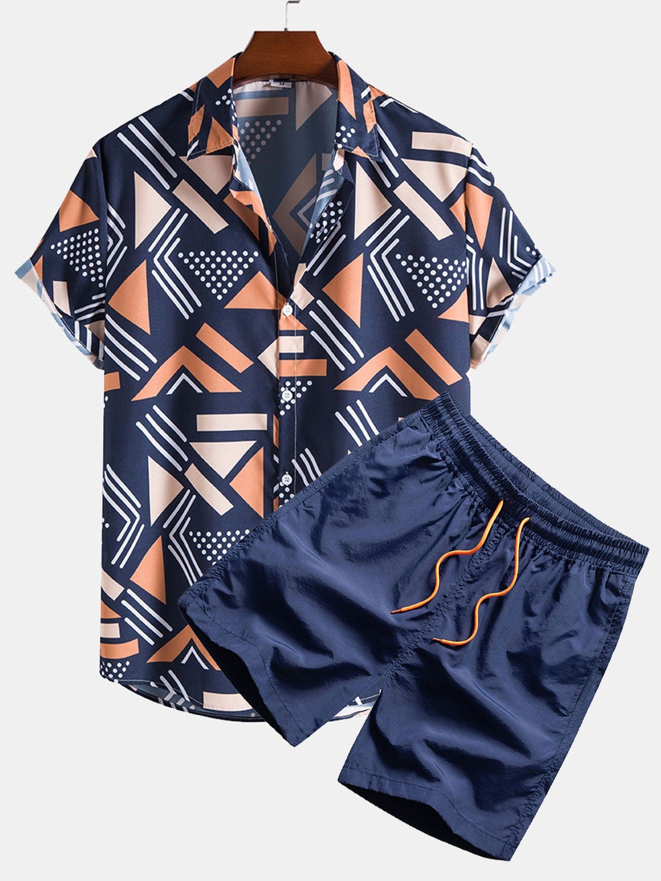 Men's Geometric Print Shirt with Elastic Waist Shorts Set
