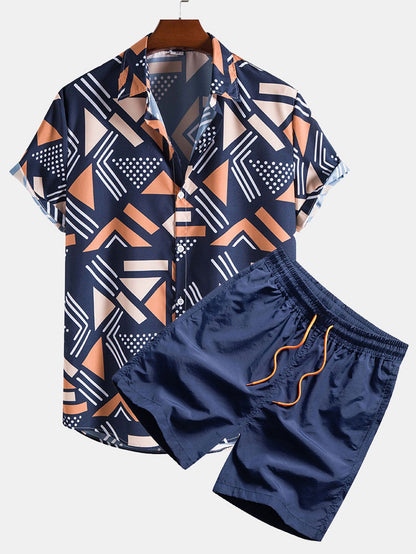 Men's Geometric Print Shirt with Elastic Waist Shorts Set