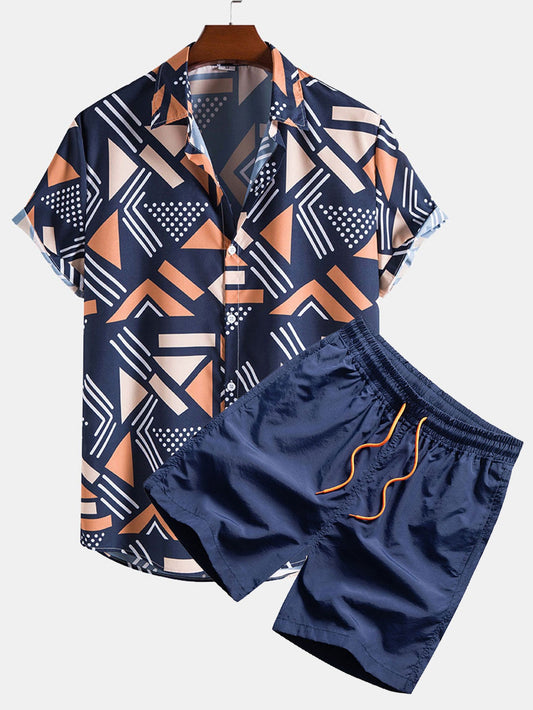Men's Geometric Print Shirt with Elastic Waist Shorts Set