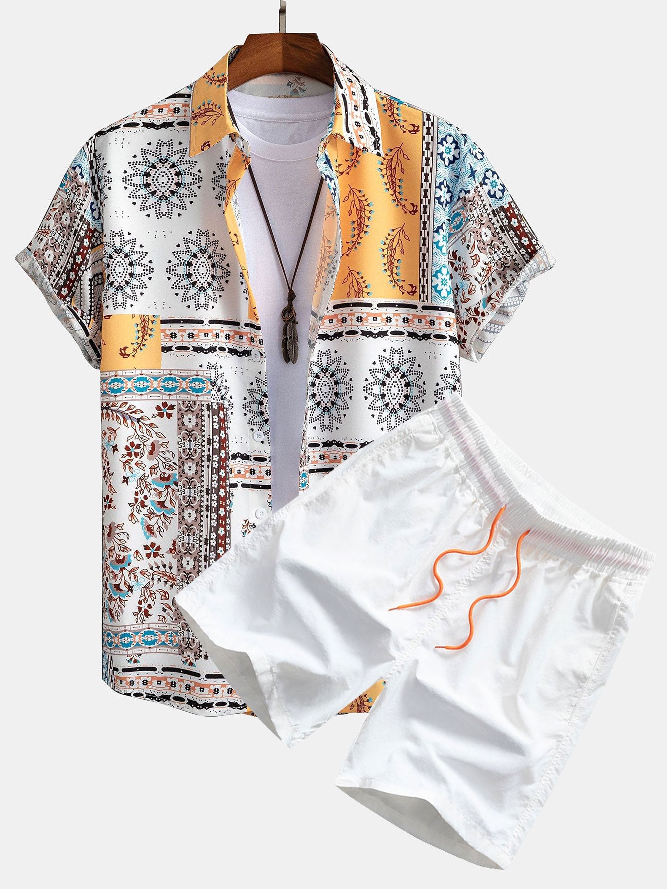 Men's Patchwork Print Shirt with Elastic Waist Shorts Set