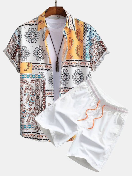 Men's Patchwork Print Shirt with Elastic Waist Shorts Set