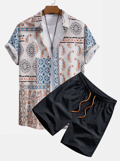 Men's Patchwork Print Shirt with Elastic Waist Shorts Set