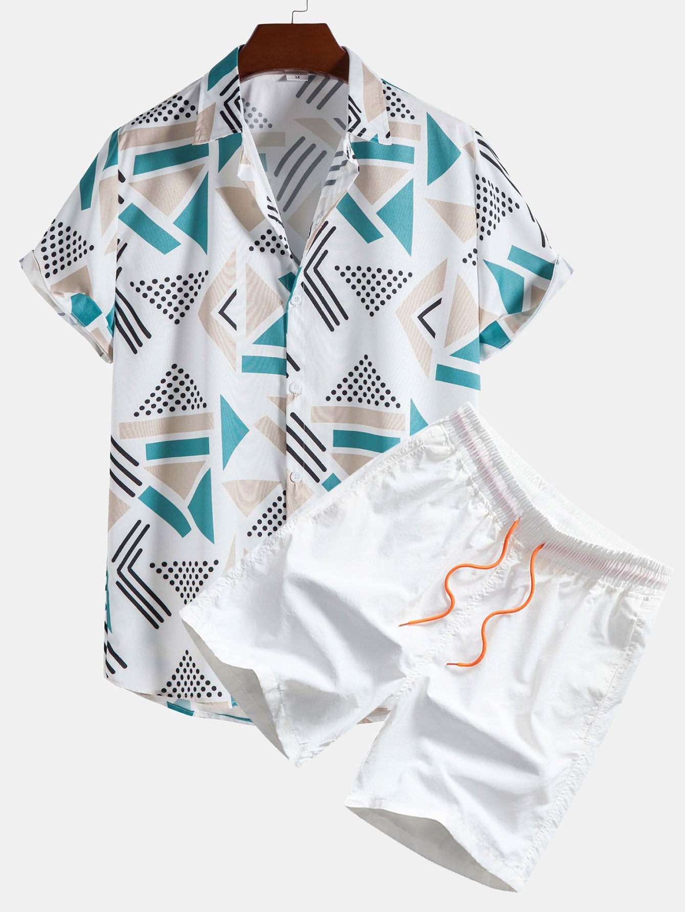 Men's Geometric Print Shirt with Elastic Waist Shorts Set