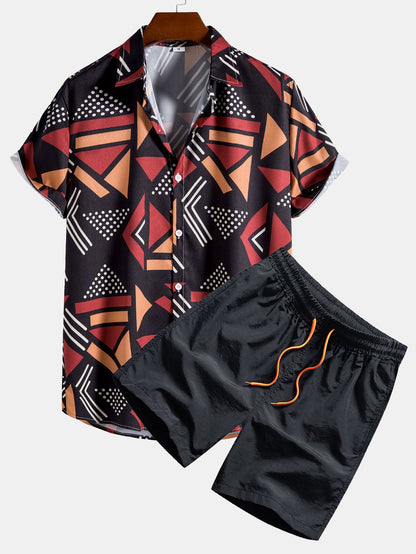 Men's Geometric Print Shirt with Elastic Waist Shorts Set