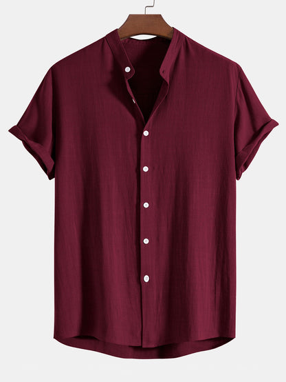 Men's Button Front Shirt Short Sleeve Band Collar Everyday Top