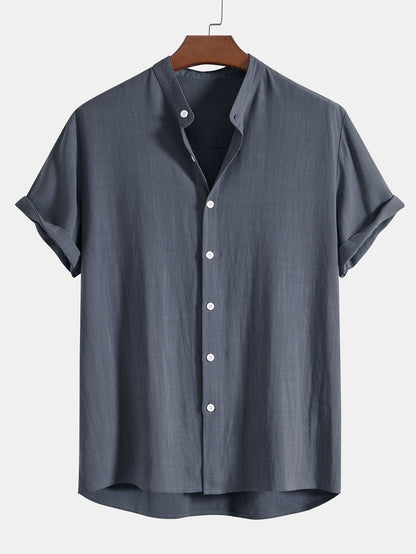 Men's Button Front Shirt Short Sleeve Band Collar Everyday Top