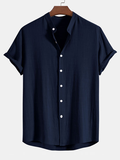 Men's Button Front Shirt Short Sleeve Band Collar Everyday Top