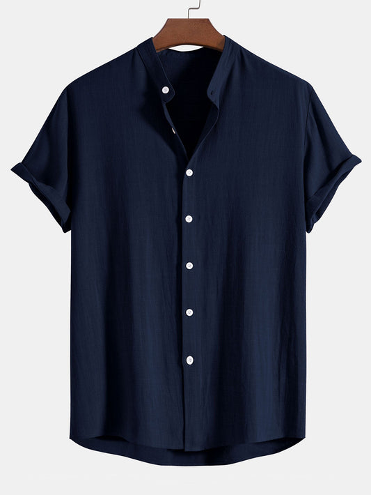 Men's Button Front Shirt Short Sleeve Band Collar Everyday Top