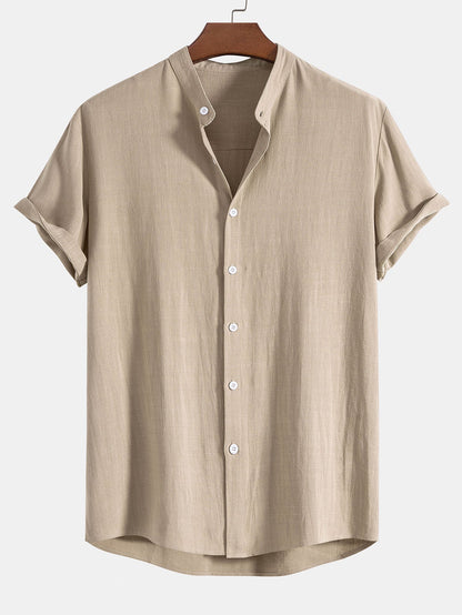 Men's Button Front Shirt Short Sleeve Band Collar Everyday Top