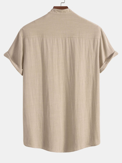 Men's Button Front Shirt Short Sleeve Band Collar Everyday Top