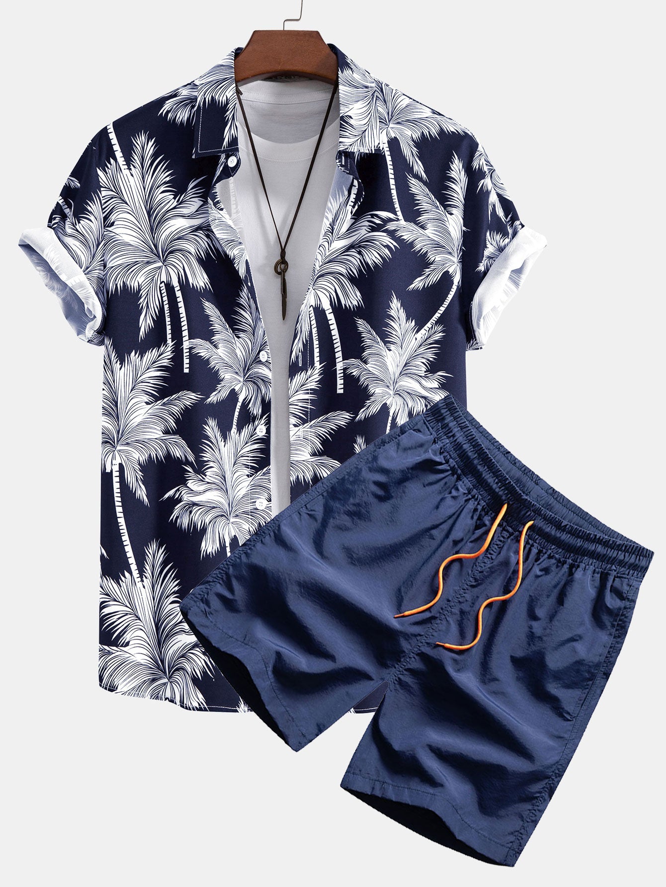 Men's Camp Collar Shirt with Drawstring Shorts Two Piece Set