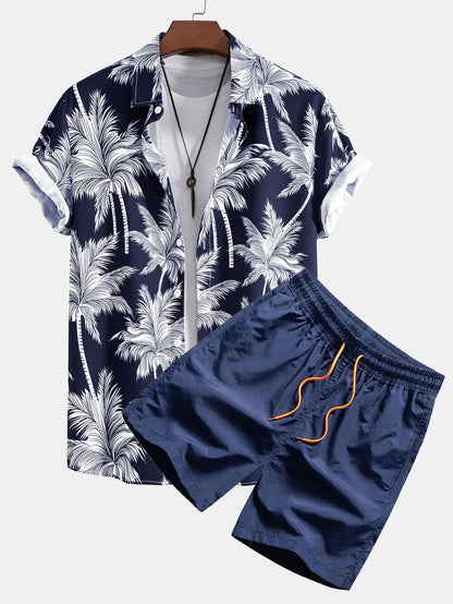 Men's Camp Collar Shirt with Drawstring Shorts Two Piece Set