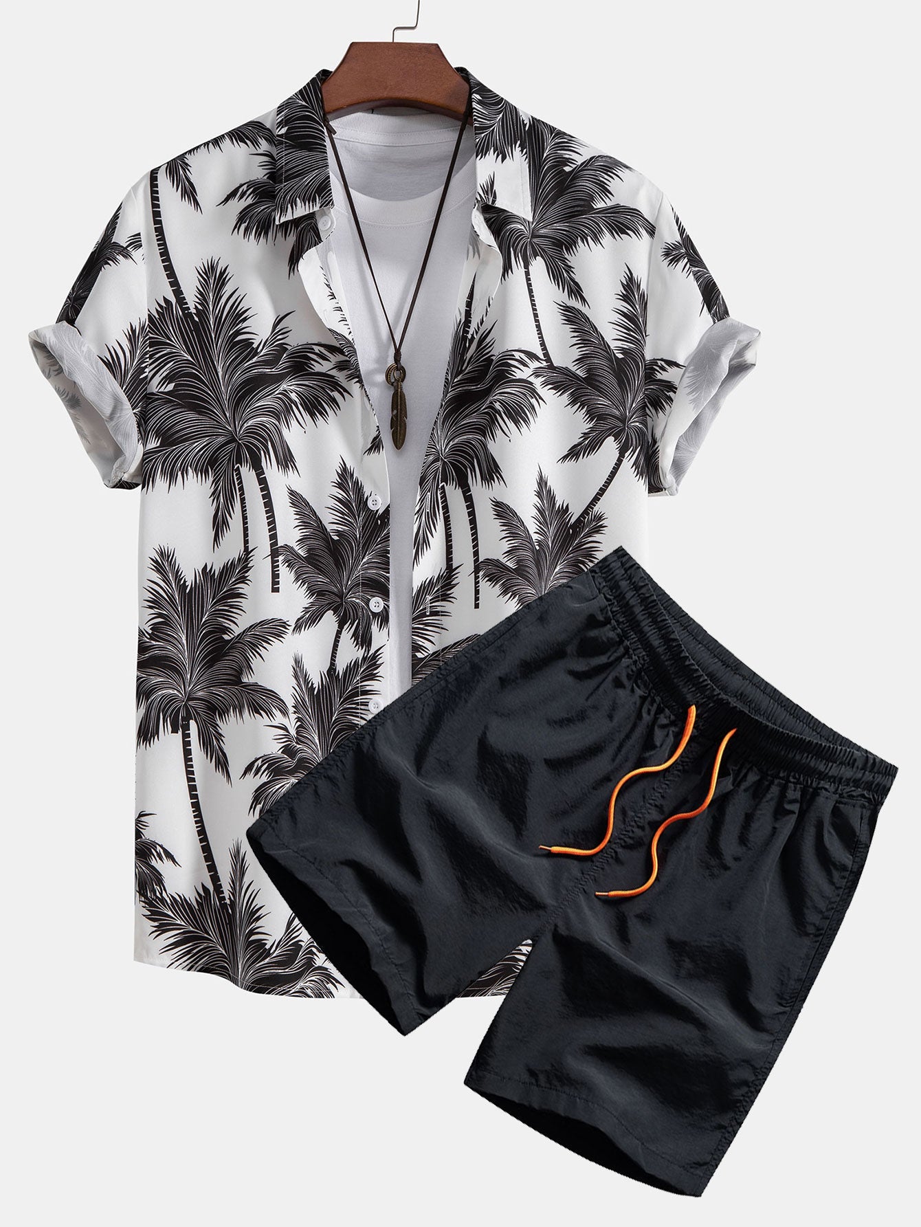 Men's Camp Collar Shirt with Drawstring Shorts Two Piece Set