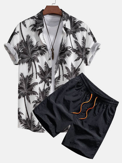 Men's Camp Collar Shirt with Drawstring Shorts Two Piece Set