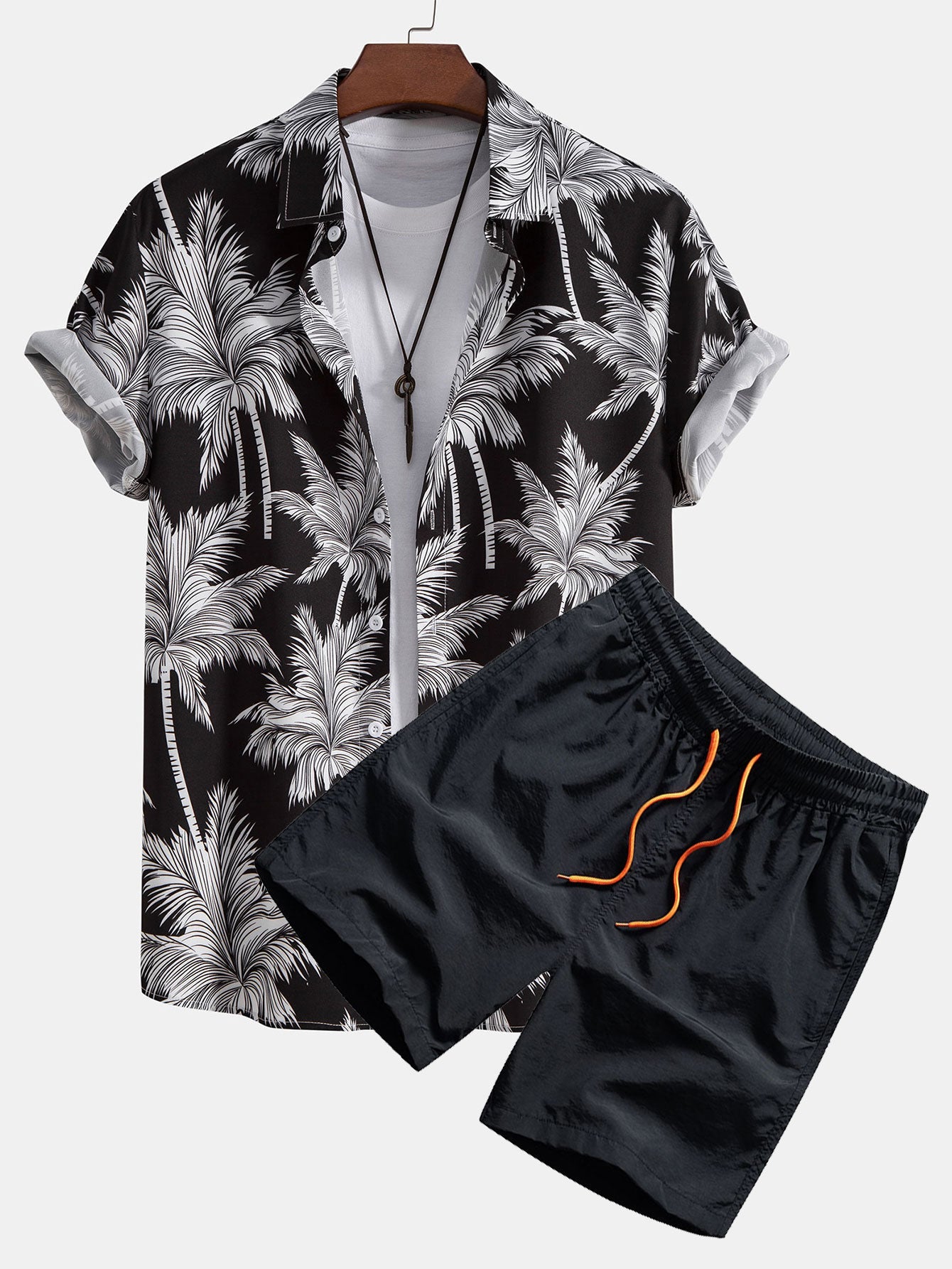 Men's Camp Collar Shirt with Drawstring Shorts Two Piece Set