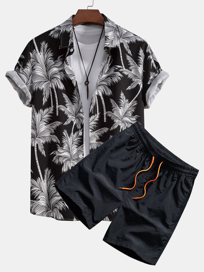 Men's Camp Collar Shirt with Drawstring Shorts Two Piece Set
