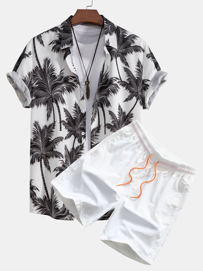 Men's Camp Collar Shirt with Drawstring Shorts Two Piece Set