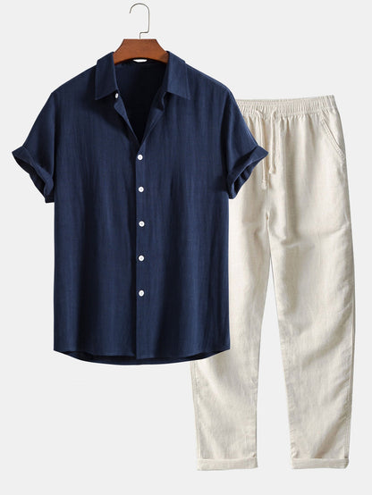 Men's Button Front Shirt and Drawstring Pants Two Piece Set