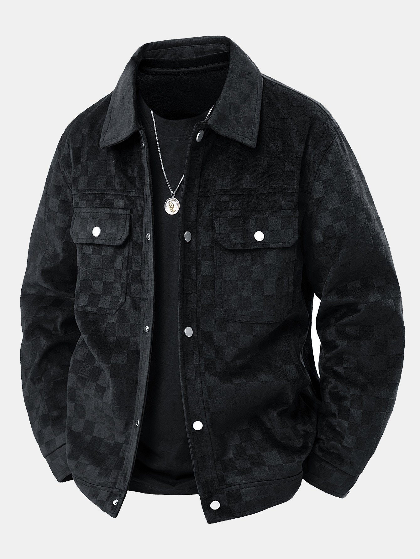 Men's Checkered Shirt Jacket Button Front Long Sleeve Pockets