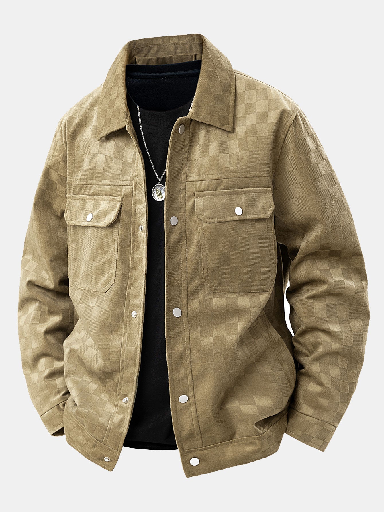 Men's Checkered Shirt Jacket Button Front Long Sleeve Pockets