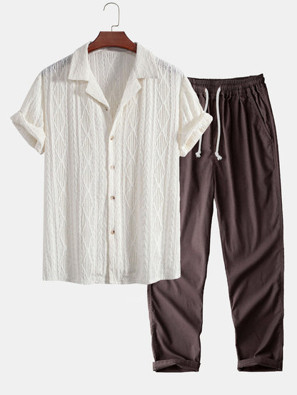 Men's Short Sleeve Textured Shirt with Drawstring Pants Set