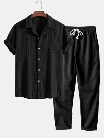 Men's Short Sleeve Textured Shirt with Drawstring Pants Set