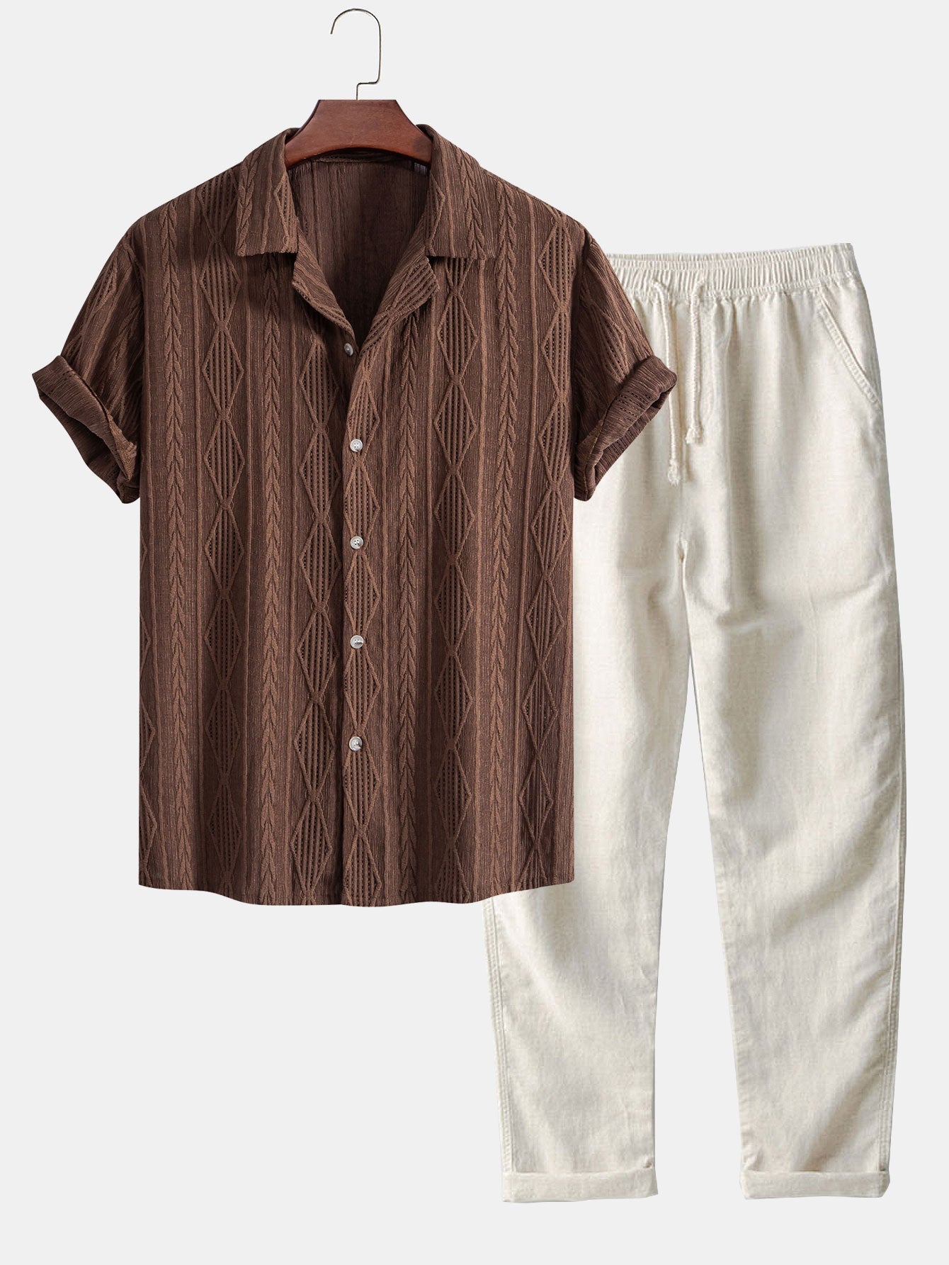 Men's Short Sleeve Textured Shirt with Drawstring Pants Set