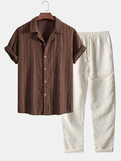 Men's Short Sleeve Textured Shirt with Drawstring Pants Set