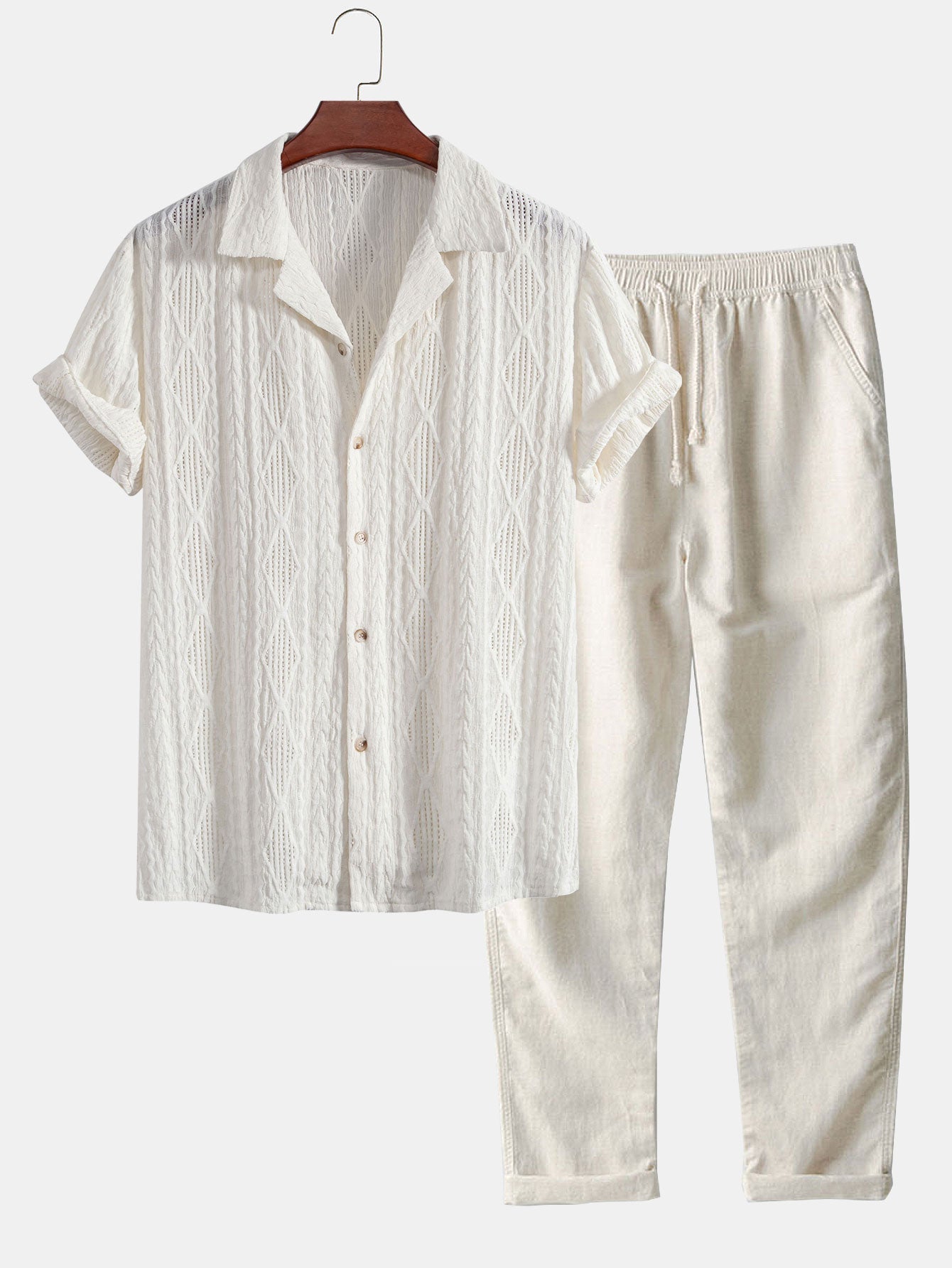 Men's Short Sleeve Textured Shirt with Drawstring Pants Set