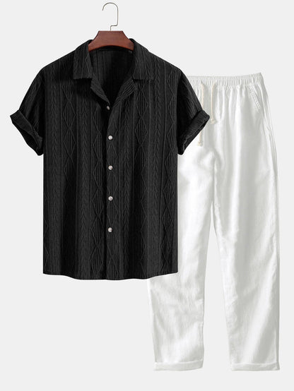 Men's Short Sleeve Textured Shirt with Drawstring Pants Set