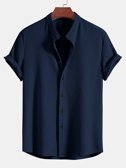 Men's Band Collar Short Sleeve Button Up Textured Shirt