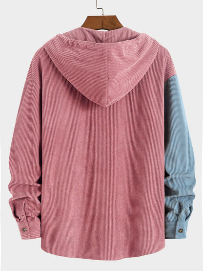 Men's Hooded Color Block Shirt Long Sleeve Button Front Shacket Top