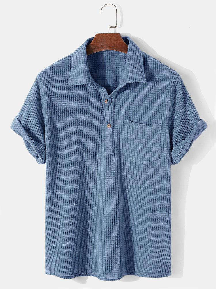 Men's Button Placket Polo Shirt Short Sleeve Chest Pocket Tee
