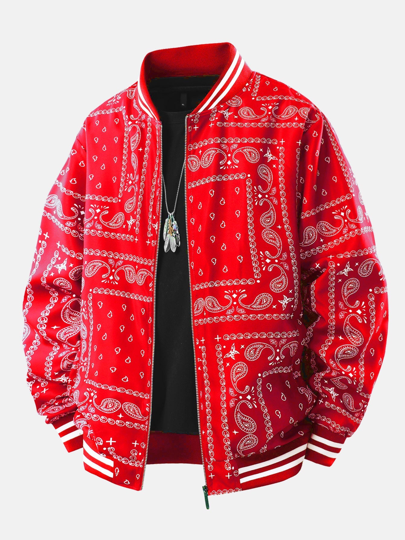 Men's Bandana Print Bomber Jacket Full Zip Ribbed Collar
