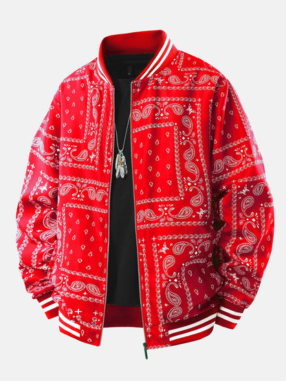Men's Bandana Print Bomber Jacket Full Zip Ribbed Collar
