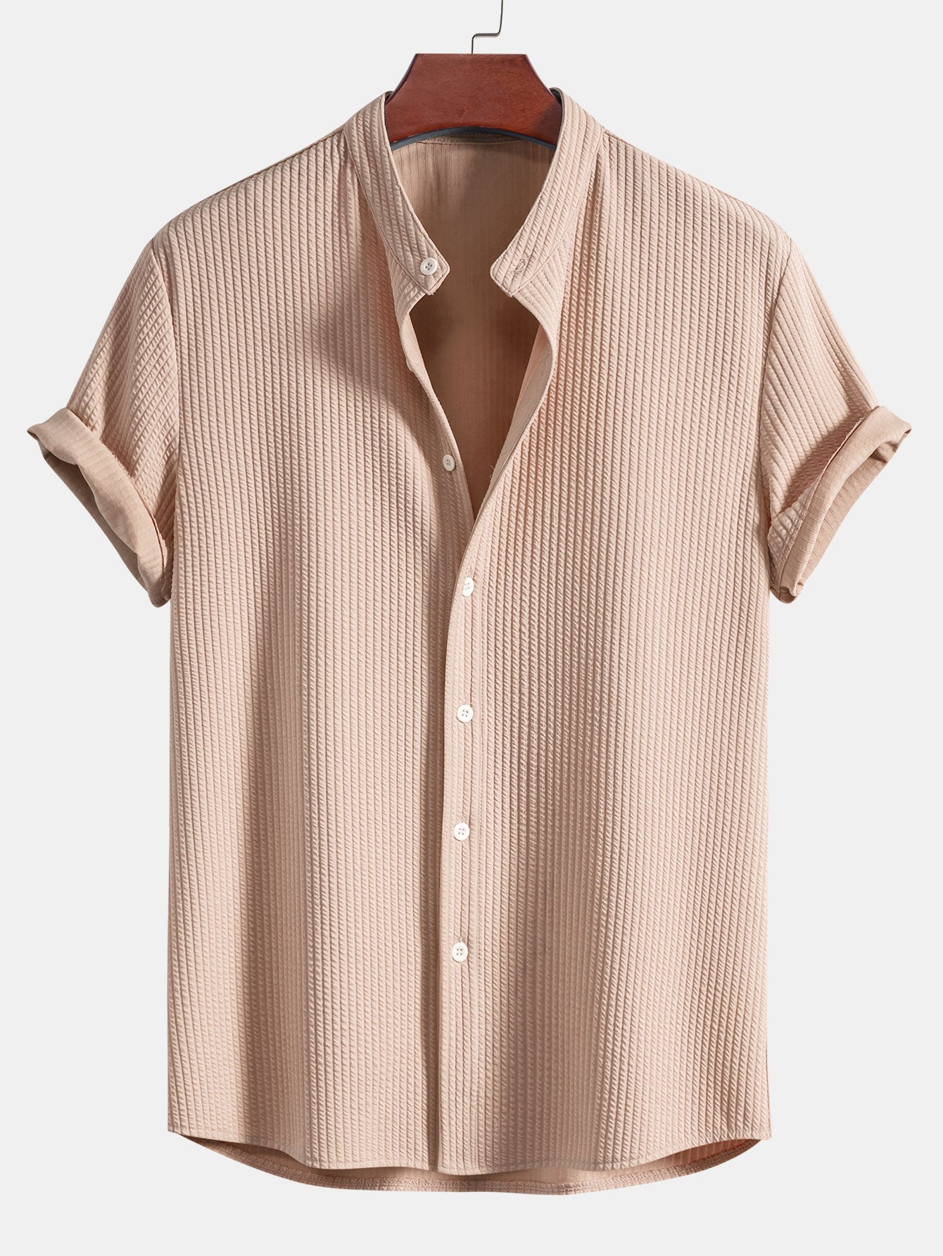Men's Band Collar Short Sleeve Button Up Textured Shirt