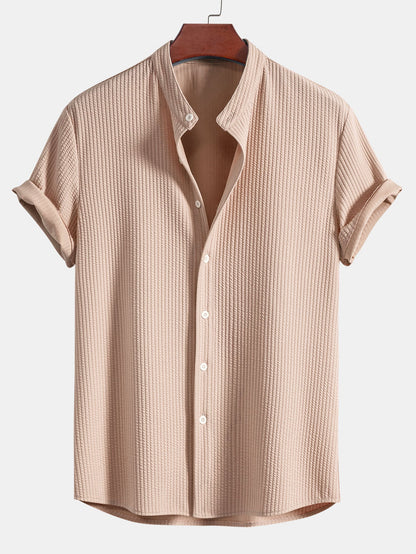 Men's Band Collar Short Sleeve Button Up Textured Shirt