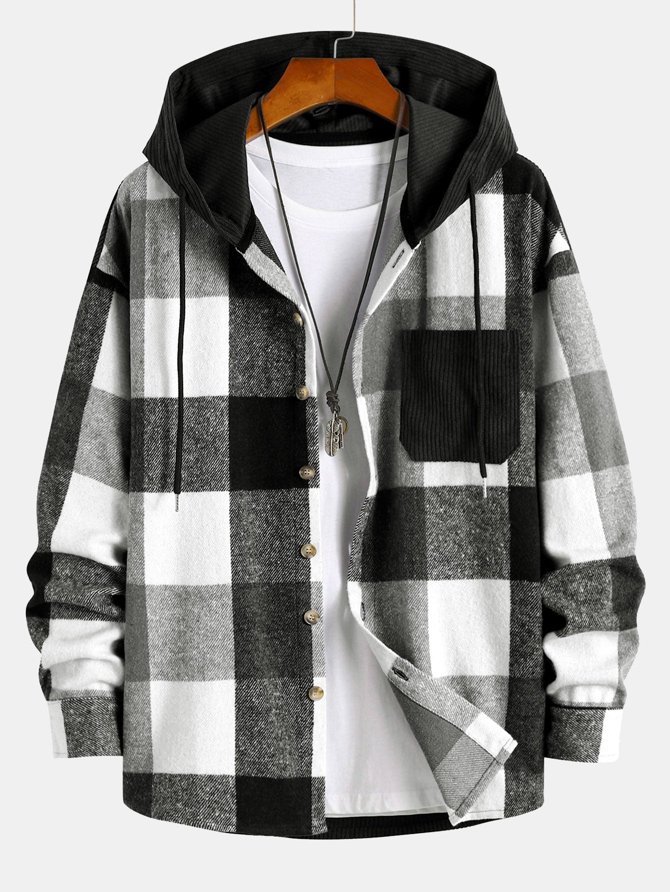 Men's Plaid Hooded Shirt Button Up Long Sleeve Overshirt Top