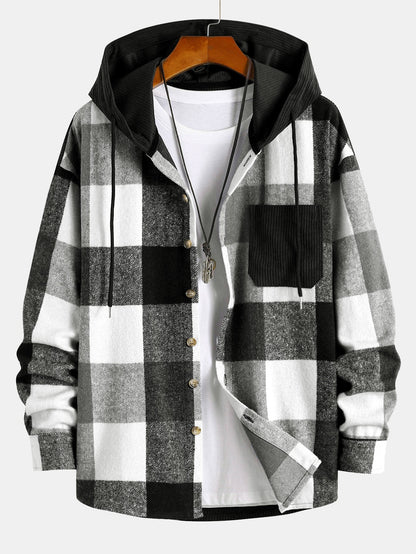 Men's Plaid Hooded Shirt Button Up Long Sleeve Overshirt Top