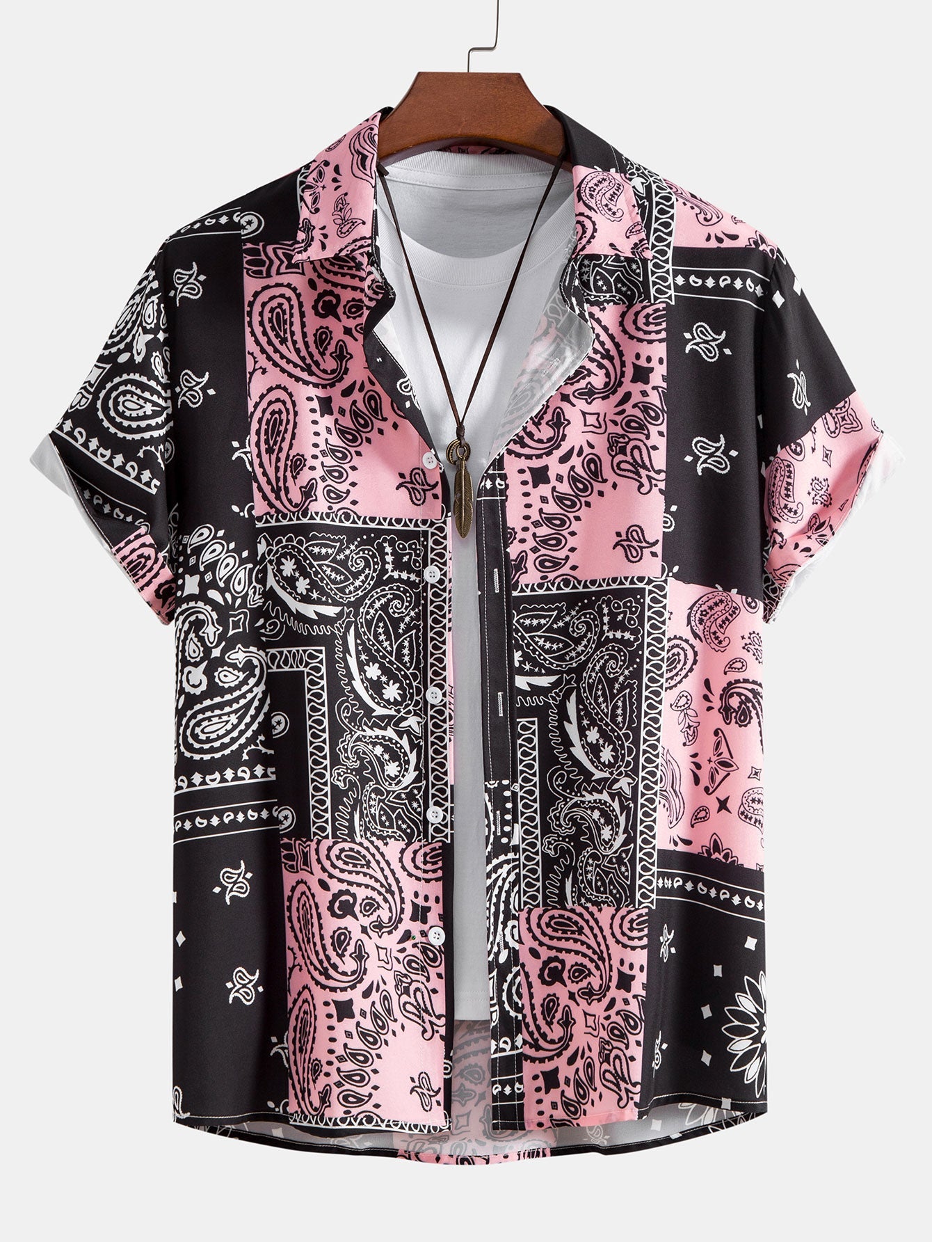 Men's Button Up Patch Print Shirt Short Sleeve Regular Fit Top