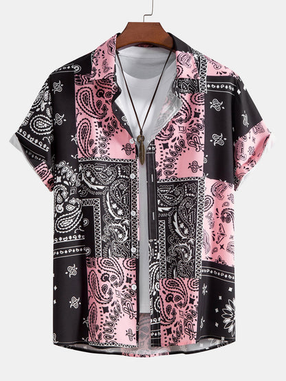 Men's Button Up Patch Print Shirt Short Sleeve Regular Fit Top