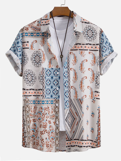 Men's Patchwork Print Shirt Short Sleeve Button Up Shirt