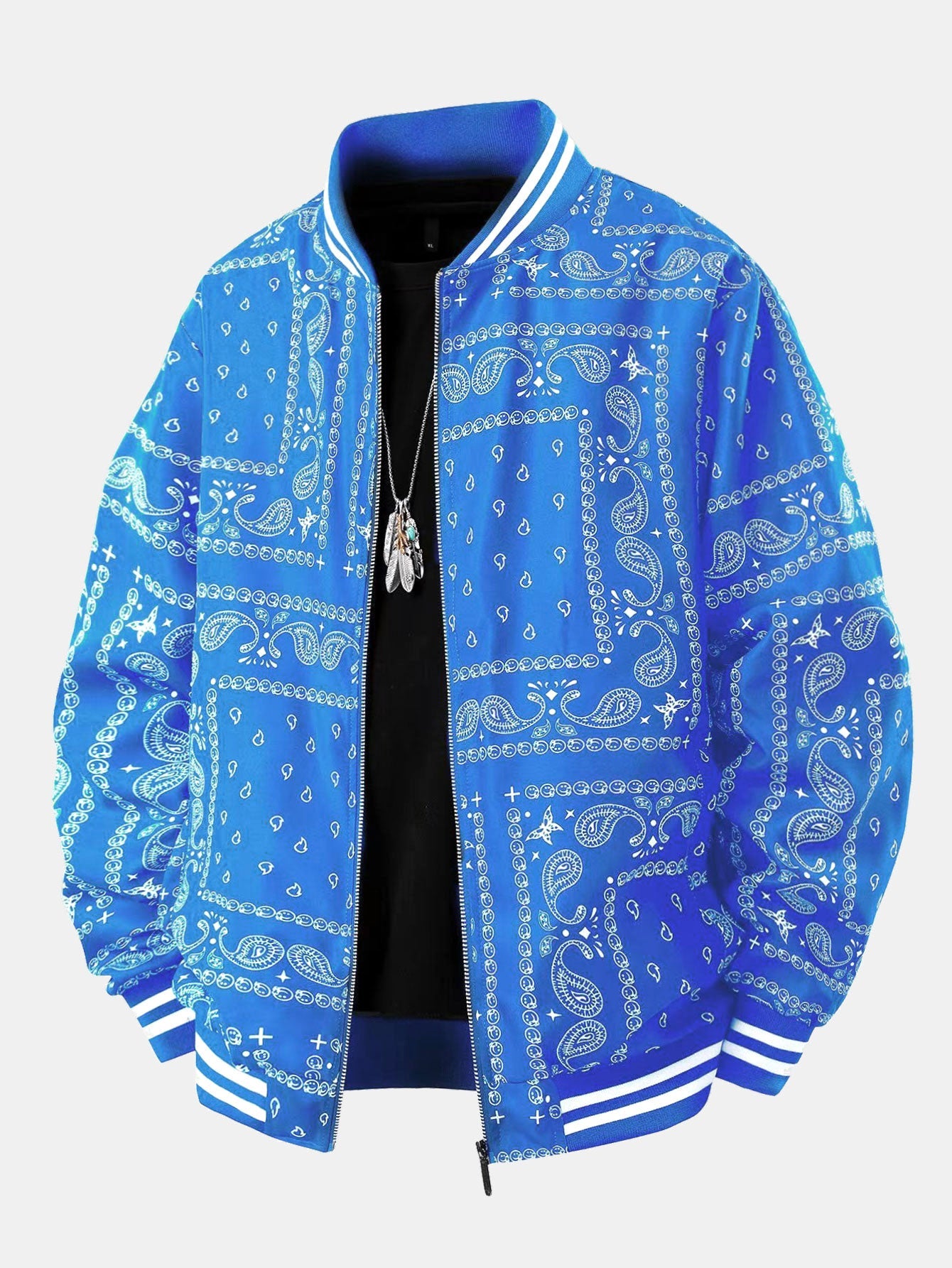 Men's Bandana Print Bomber Jacket Full Zip Ribbed Collar