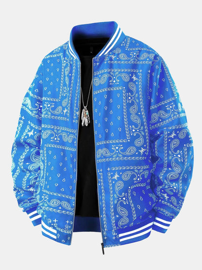Men's Bandana Print Bomber Jacket Full Zip Ribbed Collar