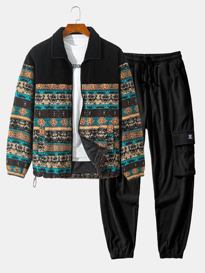 Men's Printed Jacket Cargo Pants Two Piece Set