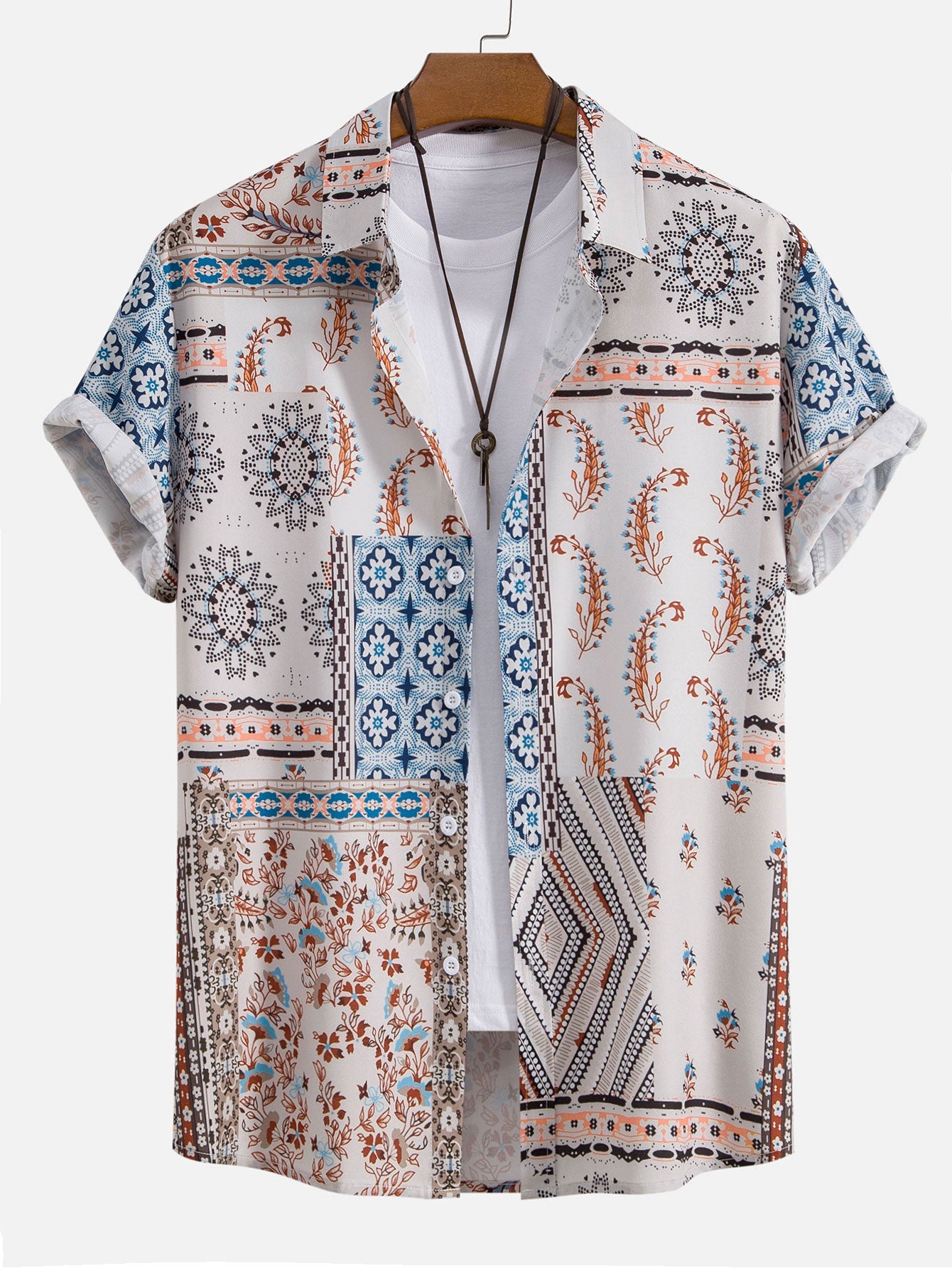 Men's Patchwork Print Shirt with Elastic Waist Shorts Set
