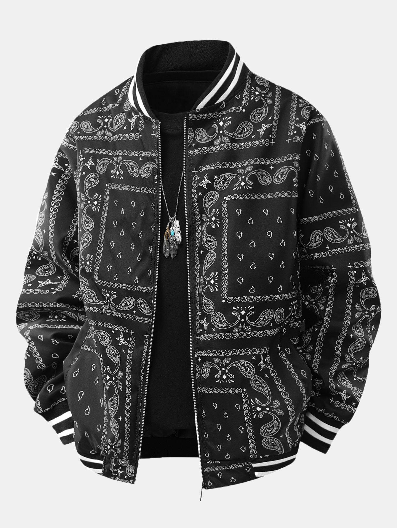Men's Bandana Print Bomber Jacket Full Zip Ribbed Collar